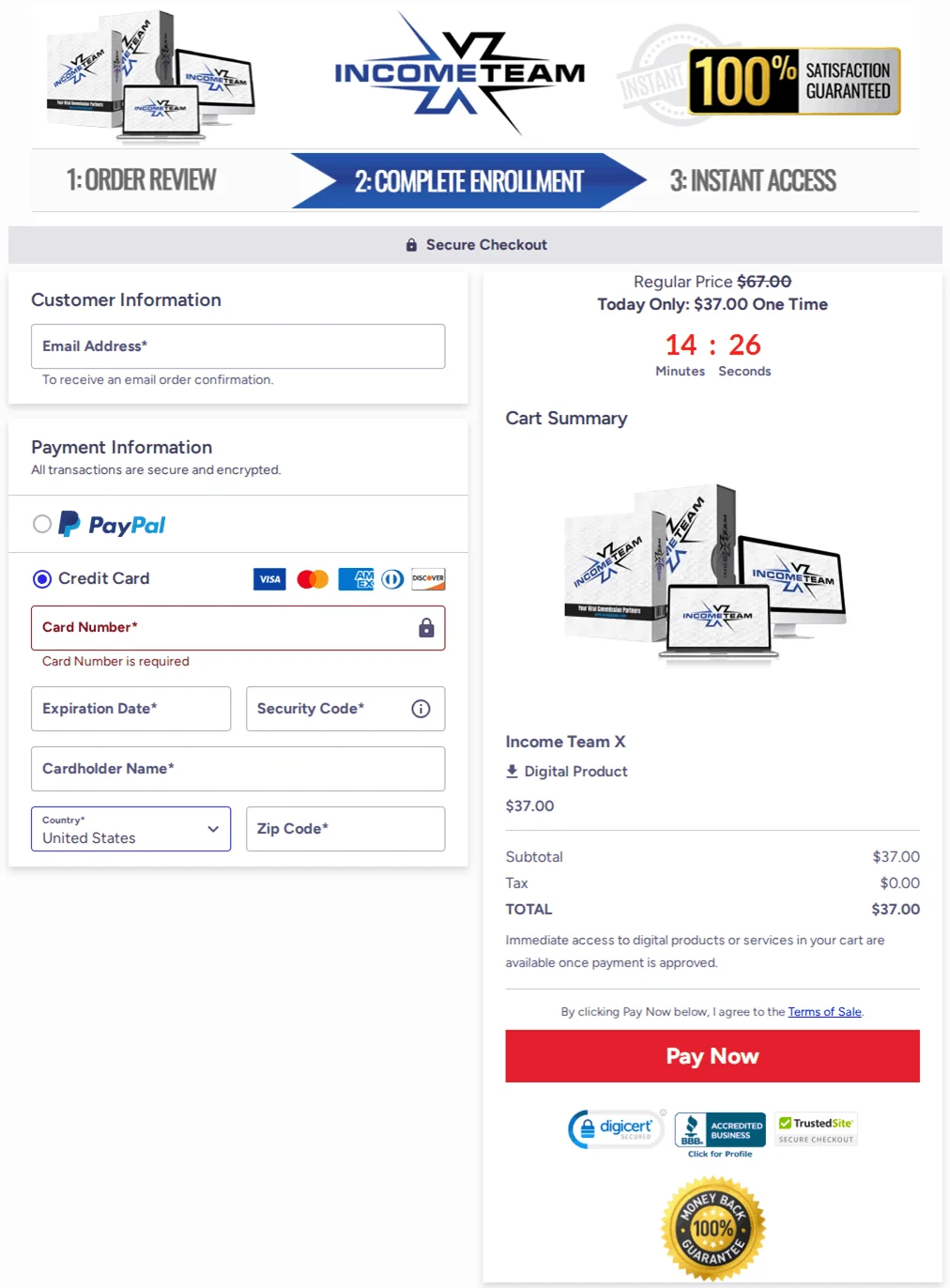 Income Team X secure checkout page &mdash; ClickBank 60-day guarantee